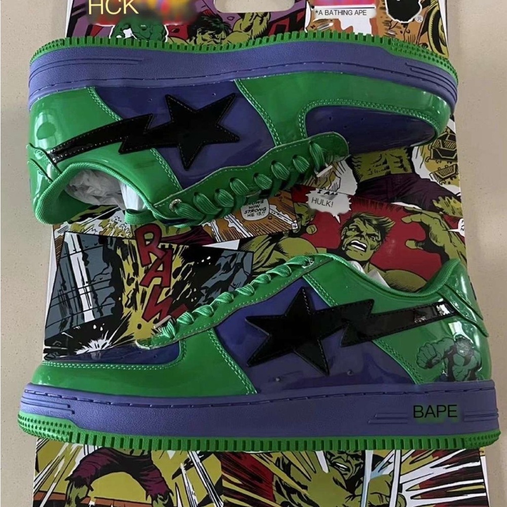 Bape Green and Purple High-Top Sneakers with Graphic Print